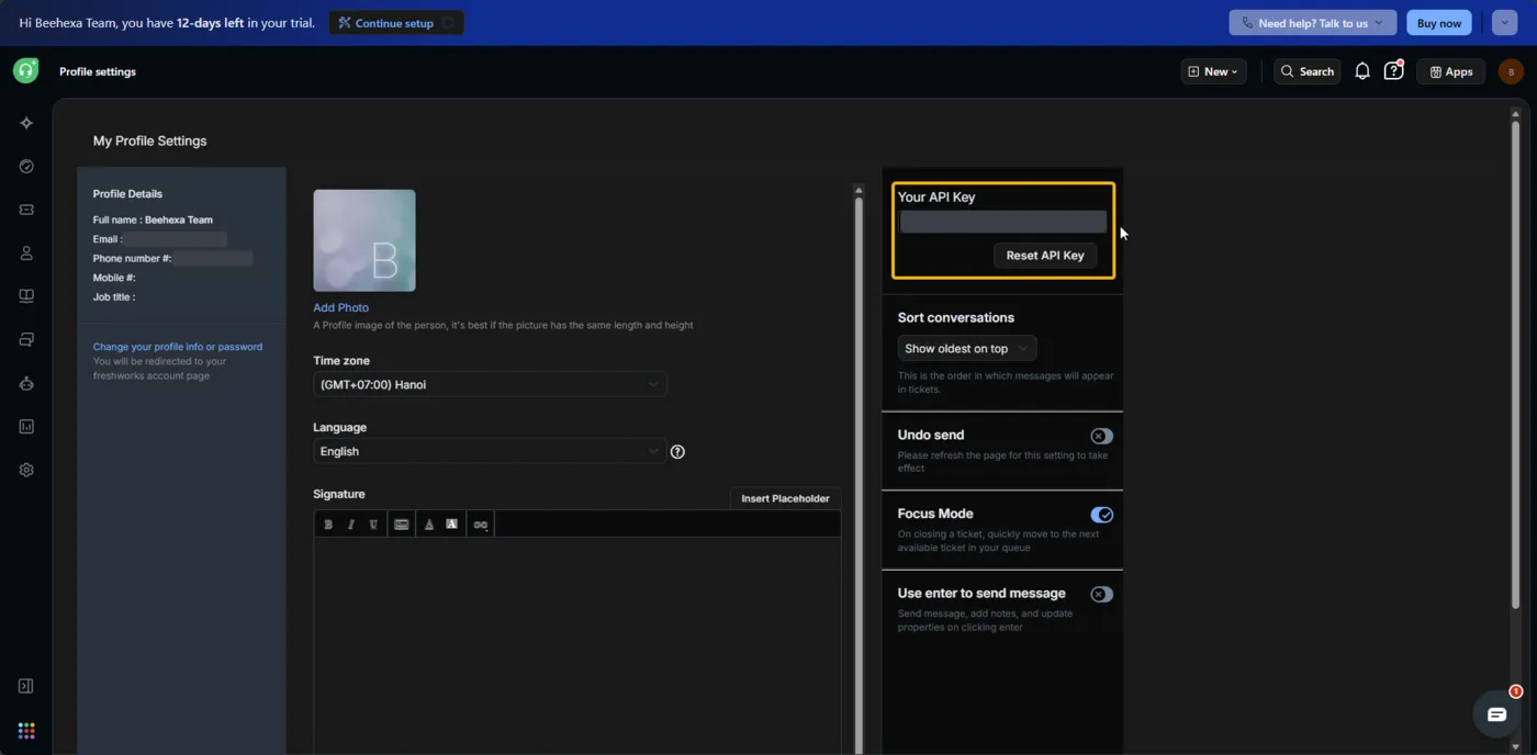 Khu vực Your API Key trong trang Profile settings của Freshdesk