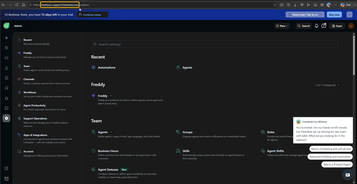 Tên miền Freshdesk của tài khoản hiển thị trên thanh địa chỉ