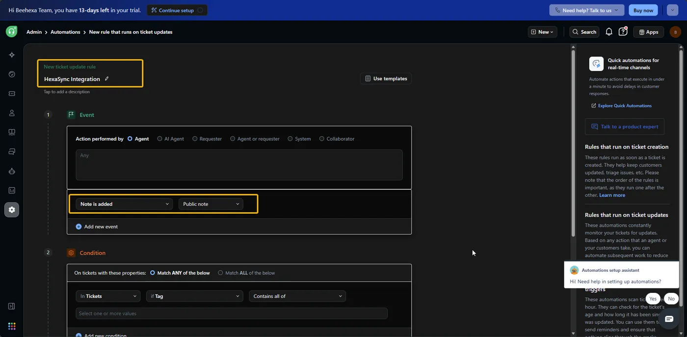 Tab Ticket Updates trong trang Automations của Freshdesk