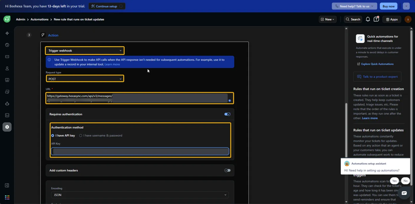 Chọn action Trigger Webhook trong Freshdesk Automation