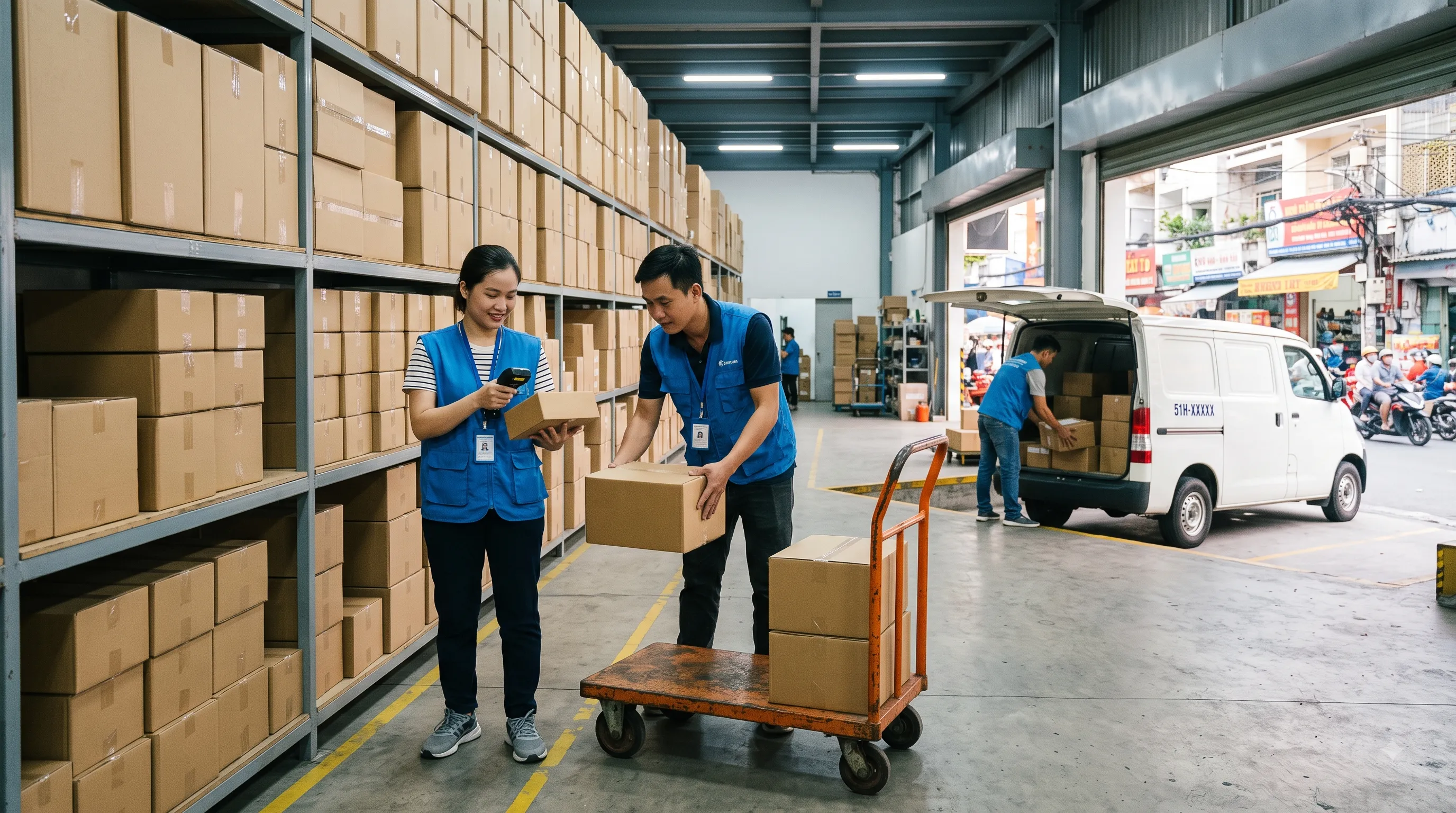 Nhân viên kho chuẩn bị hàng hóa để vận chuyển