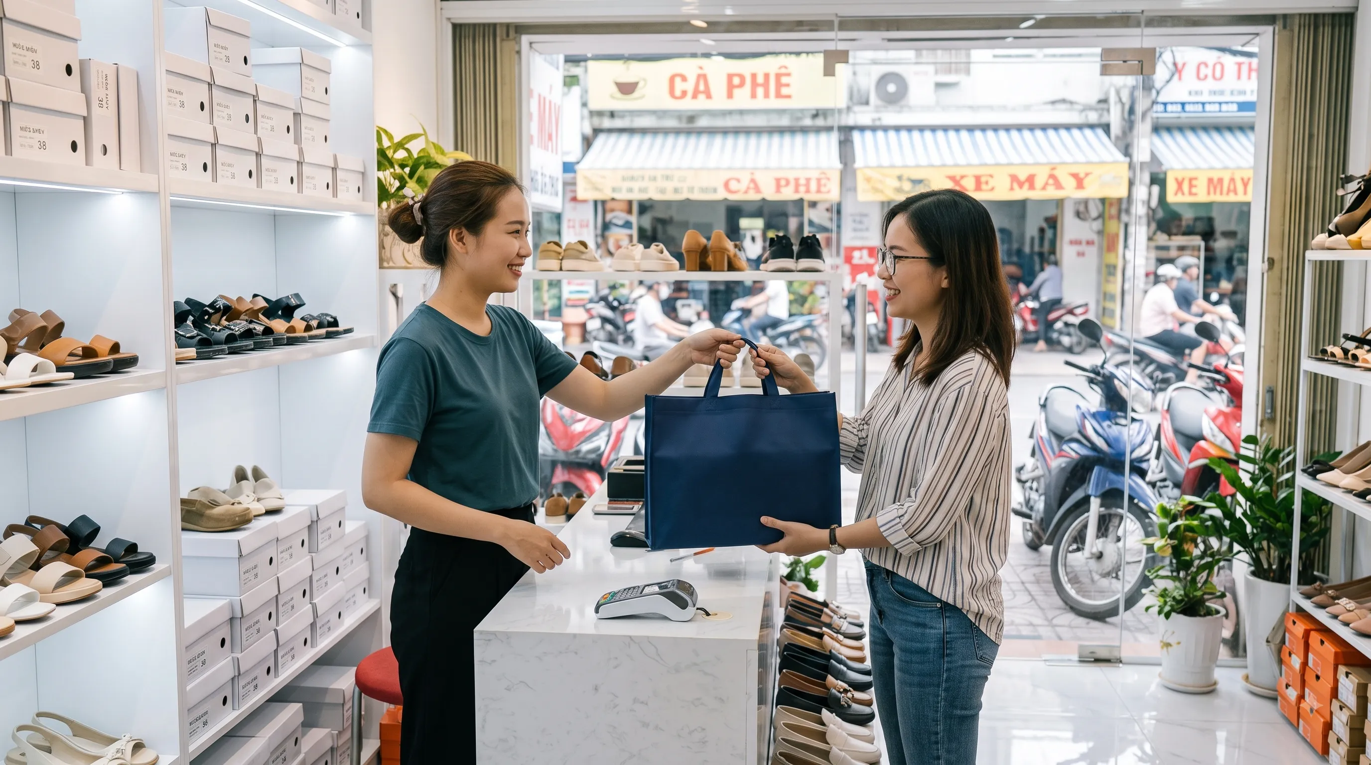 Nhân viên cửa hàng giao sản phẩm cho khách hàng