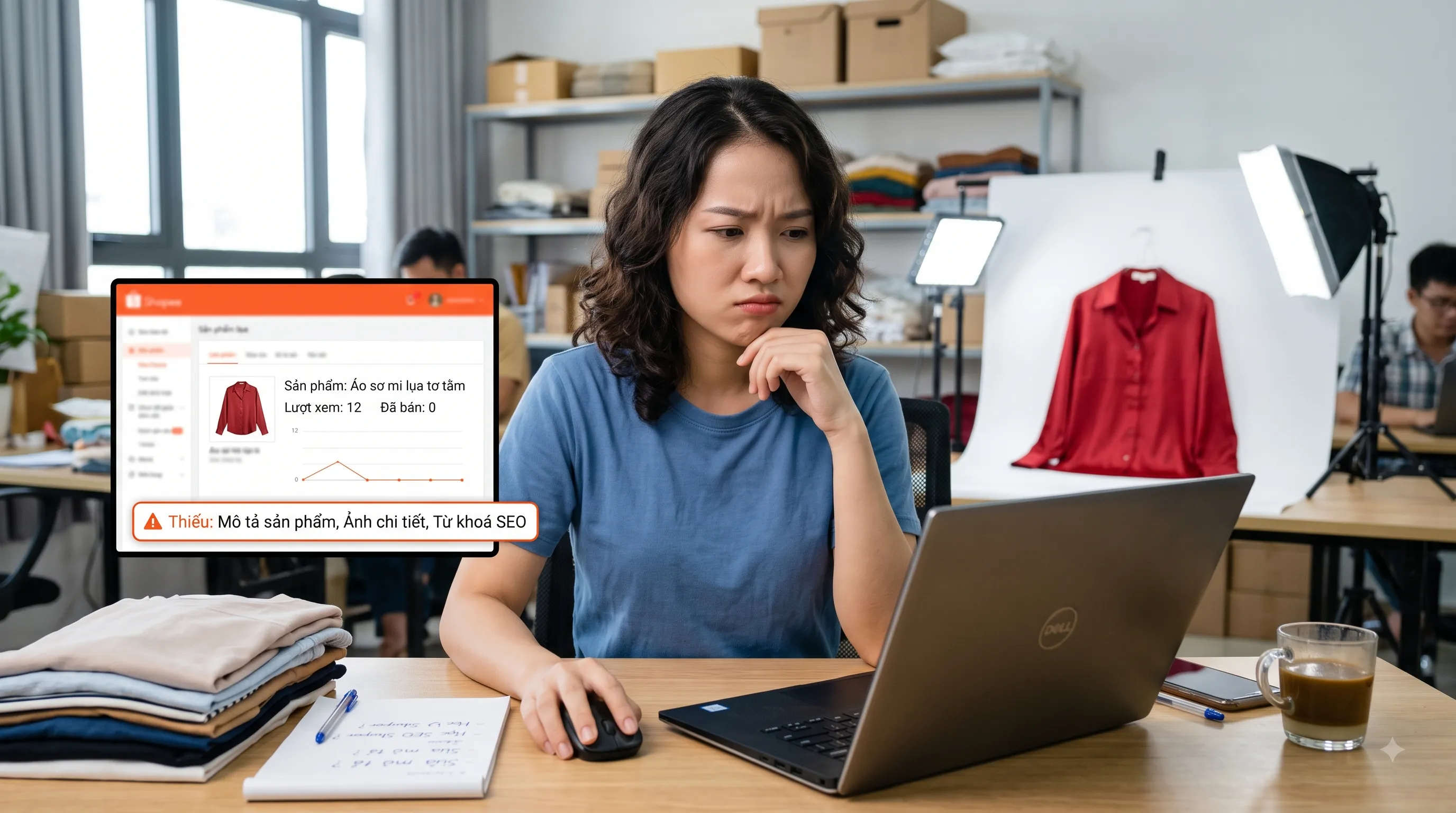 Nhân viên kiểm tra sản phẩm thiếu mô tả, ảnh chi tiết và từ khóa SEO